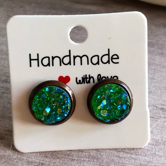 gallery_of_gems Jewelry - Green Chunky Druzy Copper Stud Earrings!